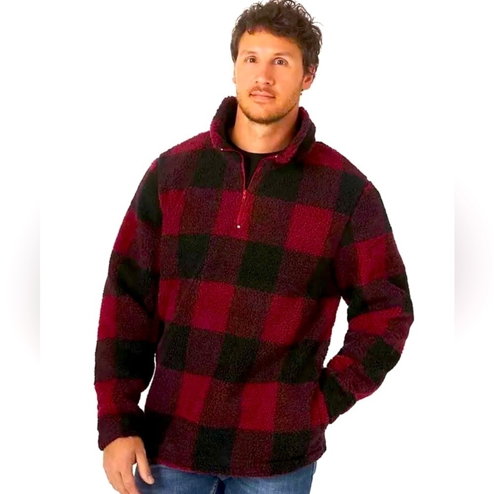 Wrangler Men’s Quarter-Zip Sherpa Red Black Plaid Pullover Size Large Cowboy